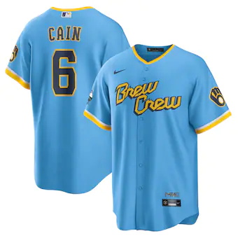 mens nike lorenzo cain powder blue milwaukee brewers 2022 c